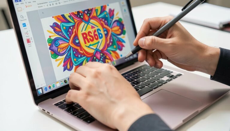 5 Truques para Criar Posts no Canva em 5 Minutos Mãos editando design no Canva com tela colorida e iluminação natural.