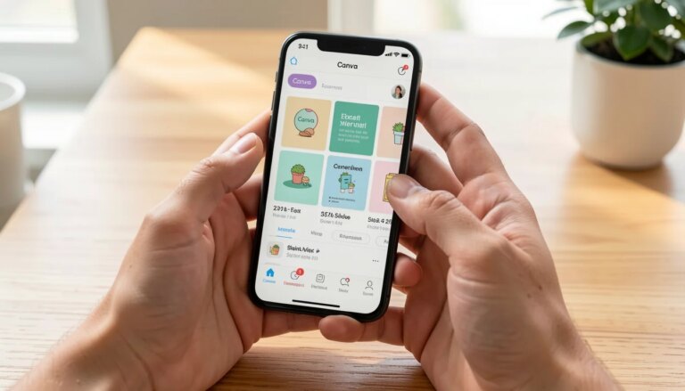 Como Usar o Canva no Celular de Forma Profissional em 7 Passos Mãos segurando celular com aplicativo Canva aberto em edição de design profissional.