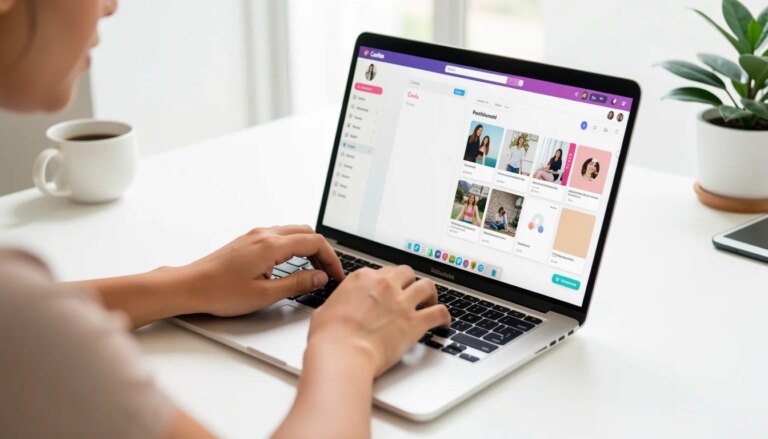 Canva para Iniciantes: Funcionalidades que Ninguém Ensina para Ganhar Tempo Mãos de mulher digitando em notebook com tela do Canva, mostrando ferramentas de design.