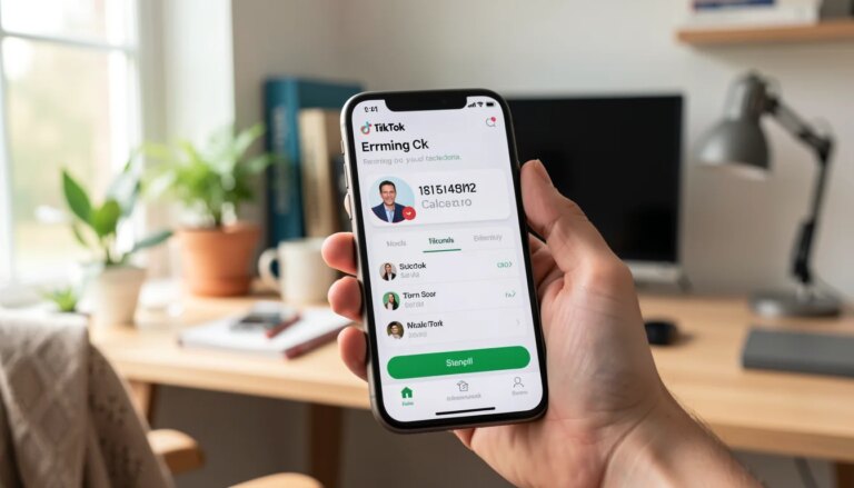 Calculador de RPM do TikTok: Simule Seus Ganhos no Brasil Mão segurando smartphone com calculadora de RPM do TikTok aberta na tela, em ambiente doméstico.