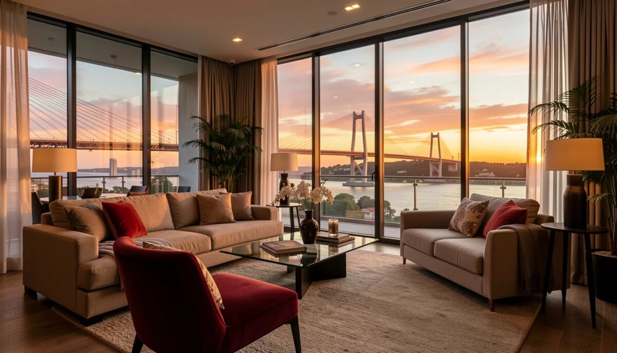 Apartamento Novo no Eixo Cidade Jardim: Localização Mais Que Privilegiada Apartamento de luxo com vista para a Ponte Estaiada ao pôr do sol.