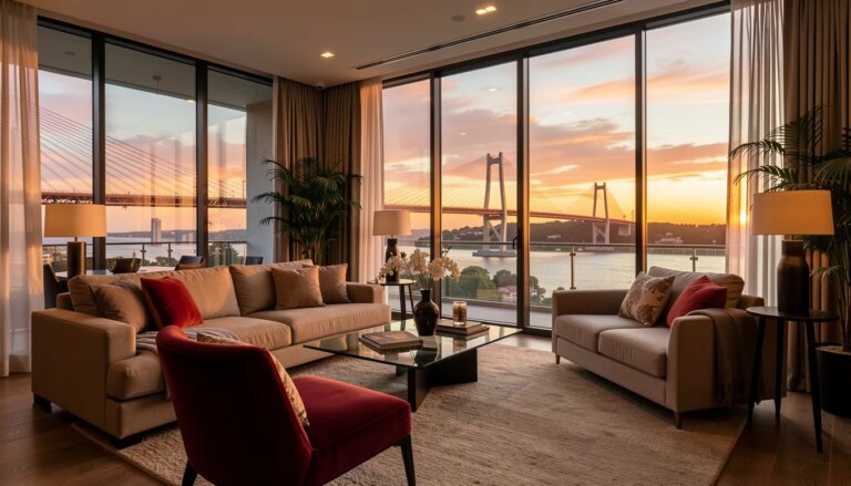Apartamento de luxo com vista para a Ponte Estaiada ao pôr do sol.