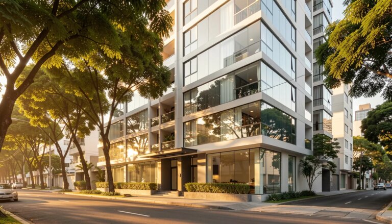 Vista externa de edifício residencial de alto padrão na Avenida Sabiá, Moema, São Paulo.