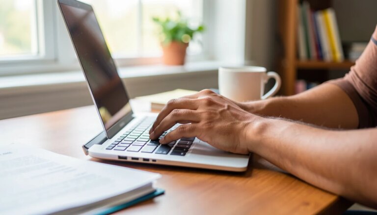 Como Abrir uma Empresa na RMC: Passo a Passo para Novos Empreendedores Mãos digitando em laptop com documentos de abertura de empresa.