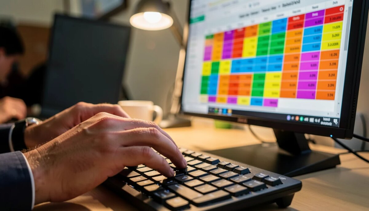 Mãos de um trader digitando no teclado, com monitor mostrando calendário econômico colorido sem texto.