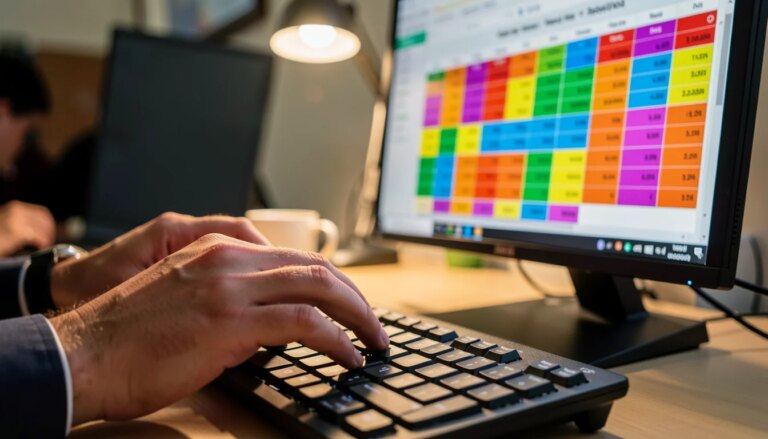 Mãos de um trader digitando no teclado, com monitor mostrando calendário econômico colorido sem texto.