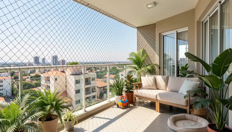 Sacada de apartamento moderno com rede de proteção instalada, plantas e sofá.