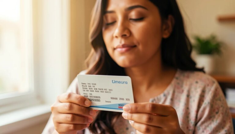 Mãos segurando cartão do plano de saúde e recibo de consulta de bem-estar