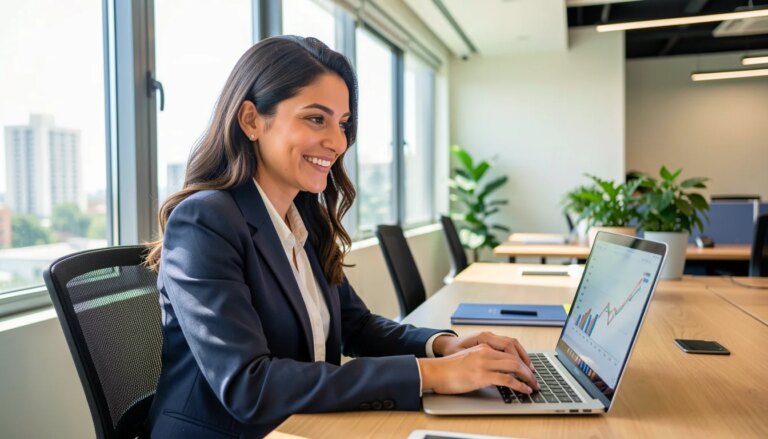 Mulher profissional sorrindo em escritório moderno com gráficos de crescimento no laptop