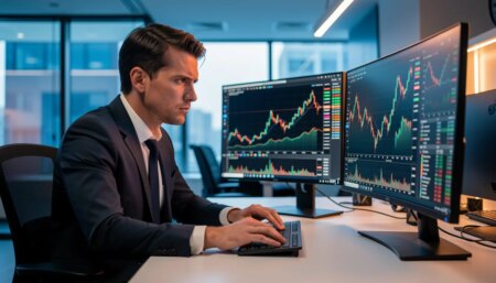 Homem sério em escritório moderno olhando gráficos financeiros em monitores.