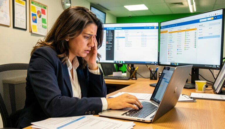 CRM para Equipes de Vendas: Por que 80% das Empresas ainda Dependem de Planilha e Como Resolver Mulher frustrada olhando planilha e CRM no escritório