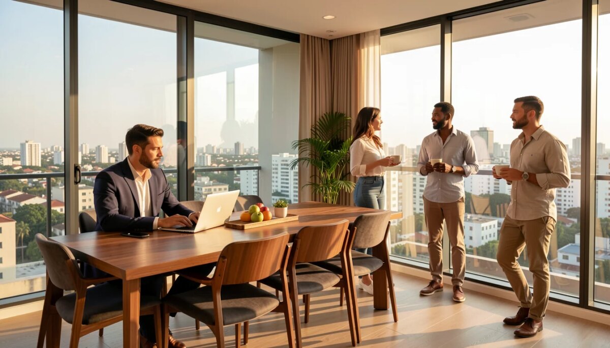 Grupo diverso de executivos e nômades digitais em apartamento moderno no Itaim Bibi com vista para São Paulo.