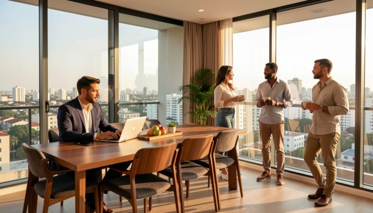 Grupo diverso de executivos e nômades digitais em apartamento moderno no Itaim Bibi com vista para São Paulo.