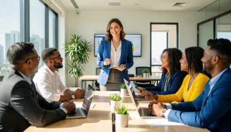 Equipe corporativa brasileira diversa em reunião colaborativa em escritório moderno e iluminado.