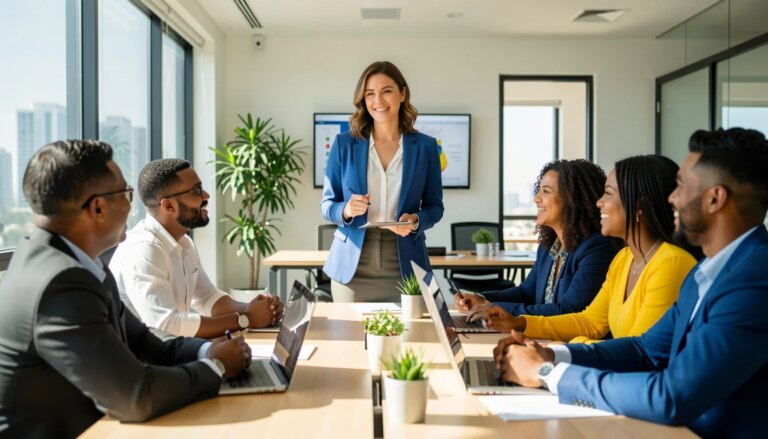 Equipe corporativa brasileira diversa em reunião colaborativa em escritório moderno e iluminado.