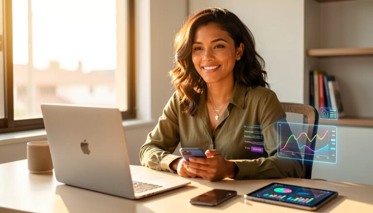 Tendências de marketing digital 2026: IA, personalização e funil integrado Mulher confiante em home office com laptop e gráficos digitais, representando marketing digital 2026.