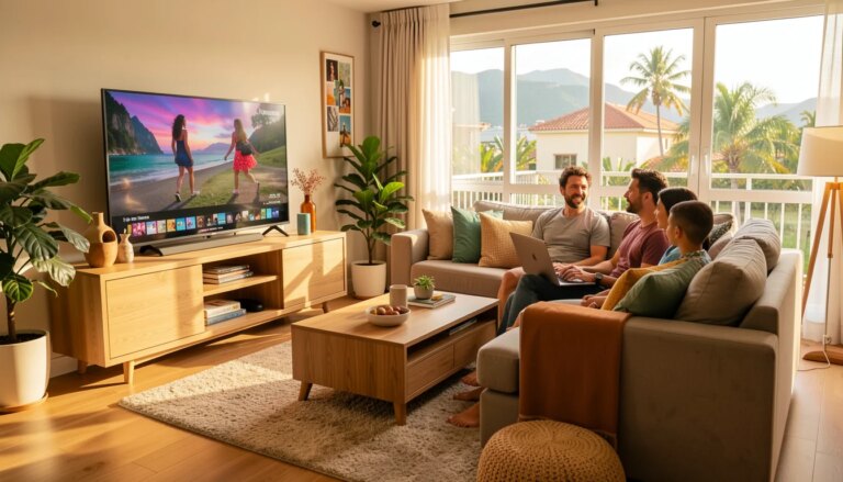 Como transformar a sua casa em um centro de entretenimento e produtividade com a CLARO Família feliz assistindo TV em sala de estar moderna e conectada