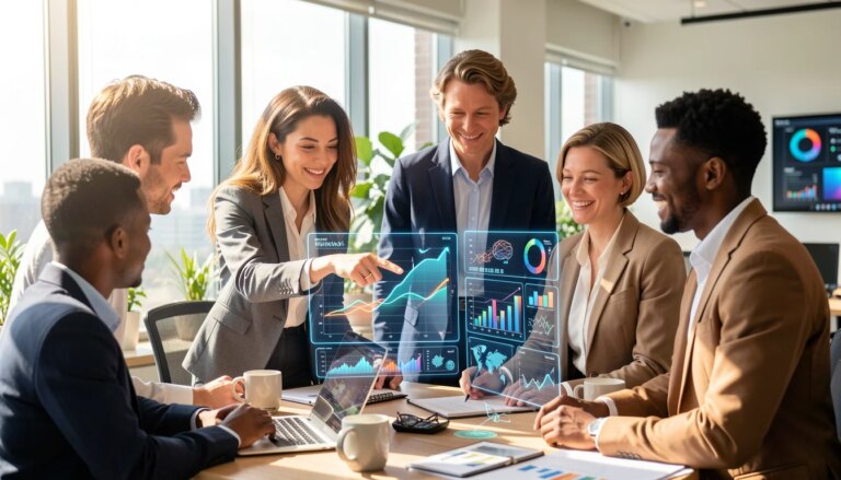 Equipe diversa em escritório moderno colaborando com interface de IA