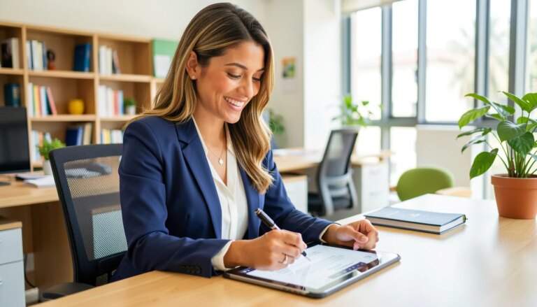Transformação digital na educação: como instituições de ensino e pesquisa estão modernizando sua gestão administrativa Mulher profissional assinando documento digital em tablet em escritório moderno de universidade.