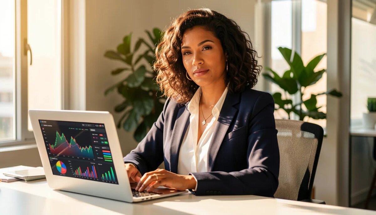 Escolher uma agência orgânica em 2026 exige olhar além do tráfego Mulher de negócios confiante analisando dados em laptop em escritório moderno