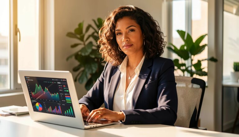 Escolher uma agência orgânica em 2026 exige olhar além do tráfego Mulher de negócios confiante analisando dados em laptop em escritório moderno