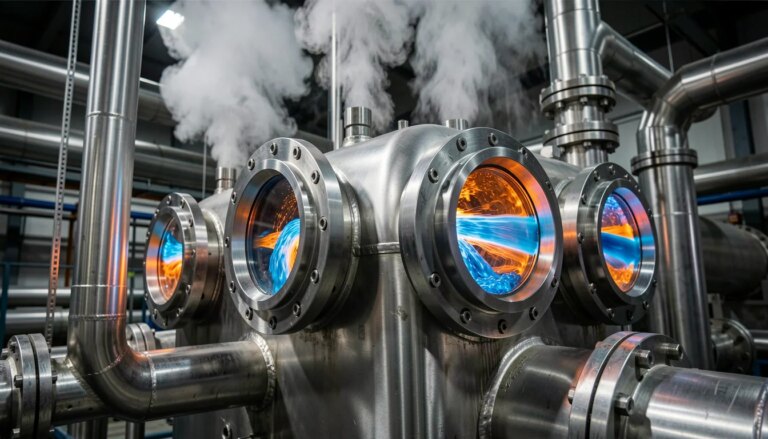 Trocador de calor tubular industrial em aço inoxidável com vapor e fluidos coloridos.