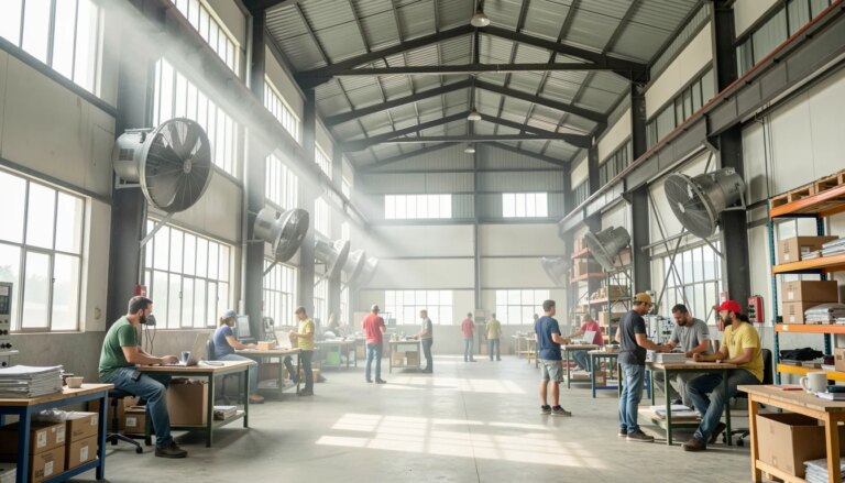 Galpão industrial amplo com climatizadores potentes e funcionários confortáveis.