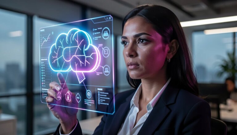 Estratégias de Proteção de Dados na Nuvem para Empresas Impulsionadas por IA Mulher profissional analisando interface de segurança na nuvem com holograma brilhante.