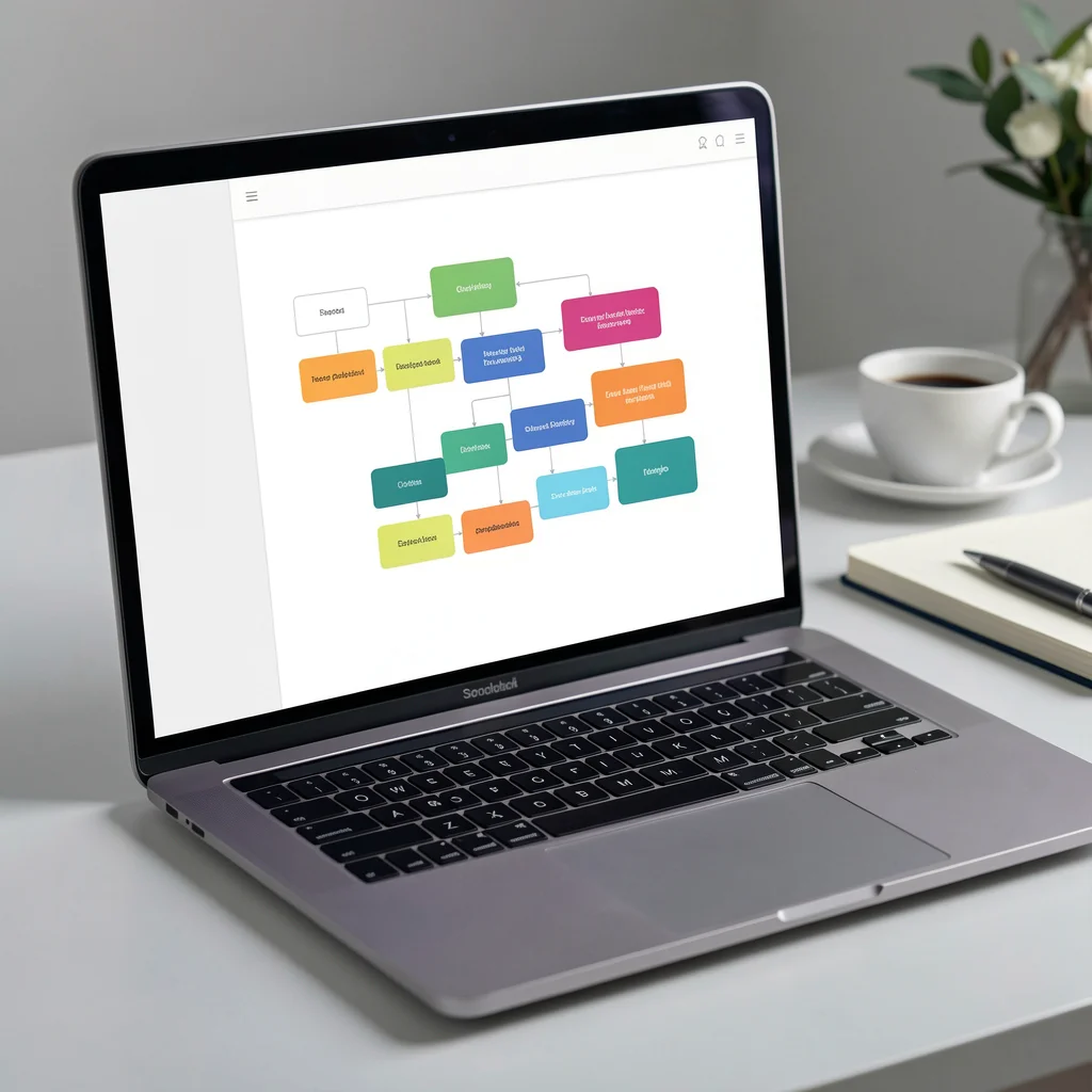 Notebook elegante exibindo um template de fluxograma colorido em interface de arrastar e soltar