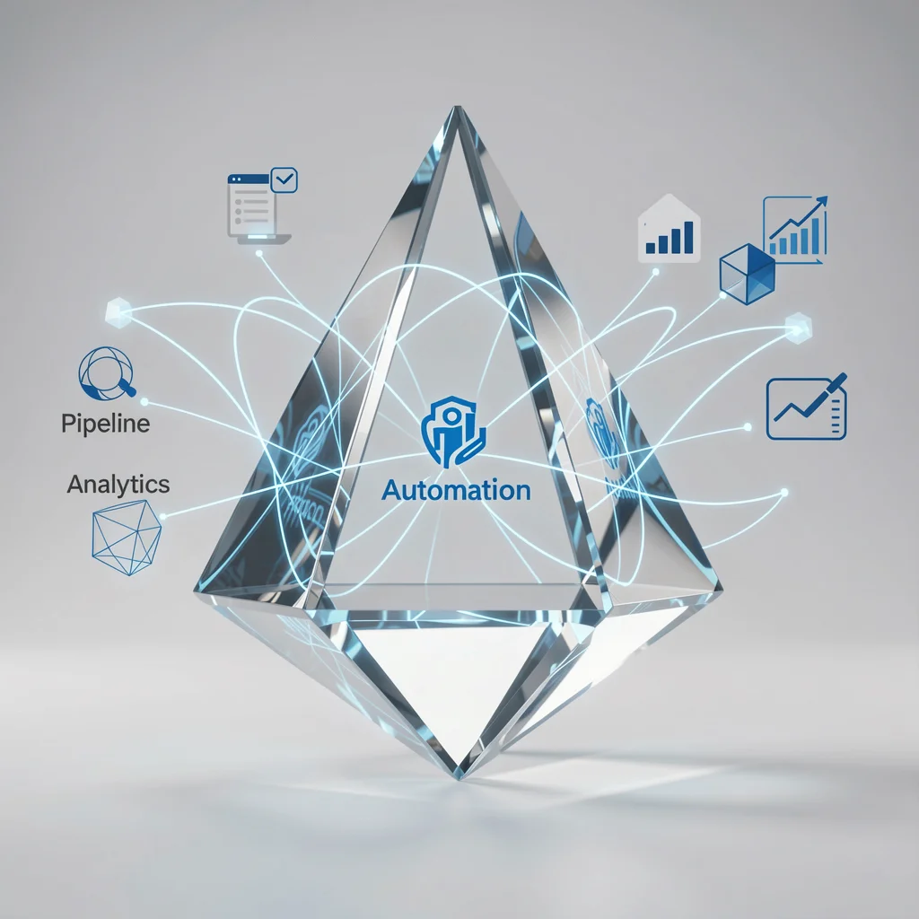 Prisma de vidro flutuante com linhas de conexão azuis e nós geométricos representando funcionalidades de CRM