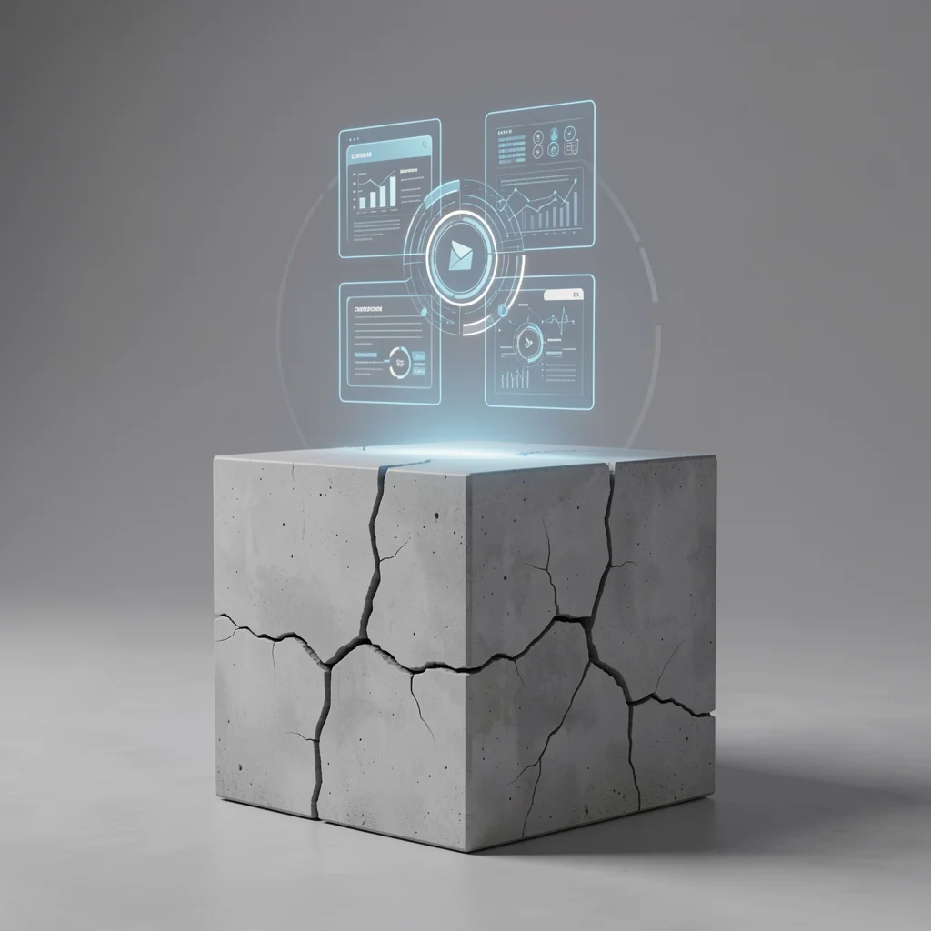 Pedestal de concreto rachado sustentando uma interface digital brilhante, simbolizando que ferramenta sozinha não resolve processos falhos