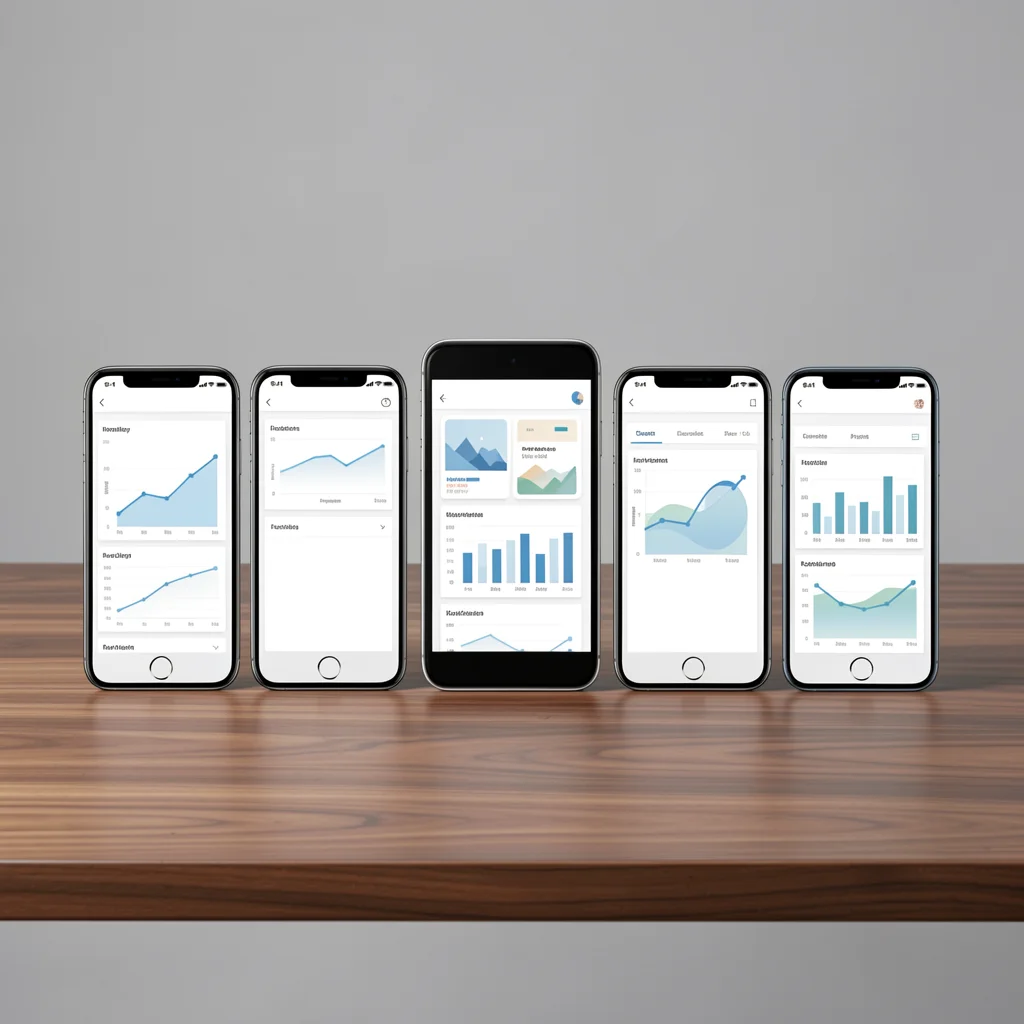 Cinco dispositivos móveis com dashboards de analytics abstratos lado a lado sobre uma mesa de madeira