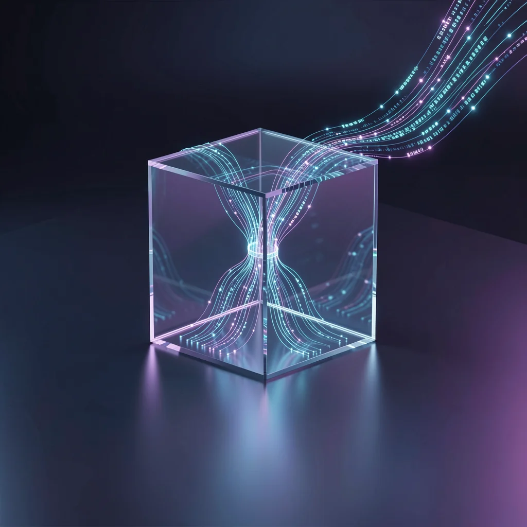 Cubo de vidro translúcido com fluxos de dados luminosos representando tráfego de inteligência artificial