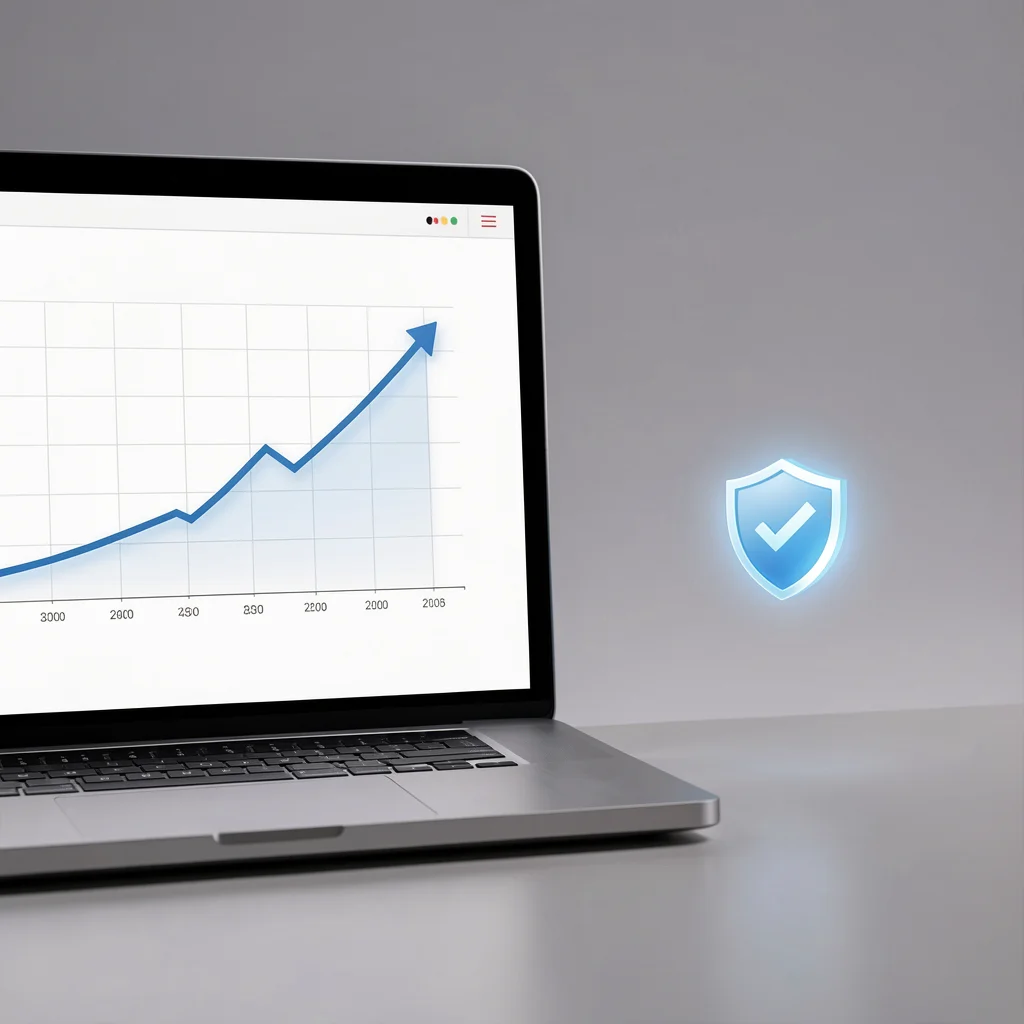 Dashboard minimalista em notebook com gráfico de tendência ascendente e ícone de escudo ao lado, simbolizando rastreamento sem cookies