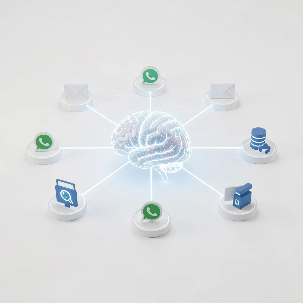 Ilustração conceitual de automação de marketing com um cérebro digital conectado a canais de comunicação como e-mail e WhatsApp