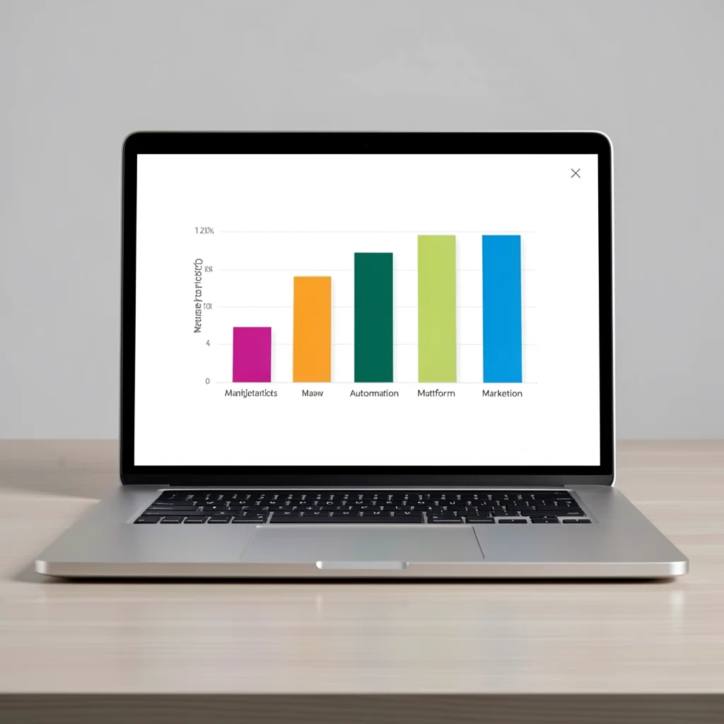 Mockup de laptop exibindo um dashboard com gráficos abstratos comparando plataformas de automação de marketing