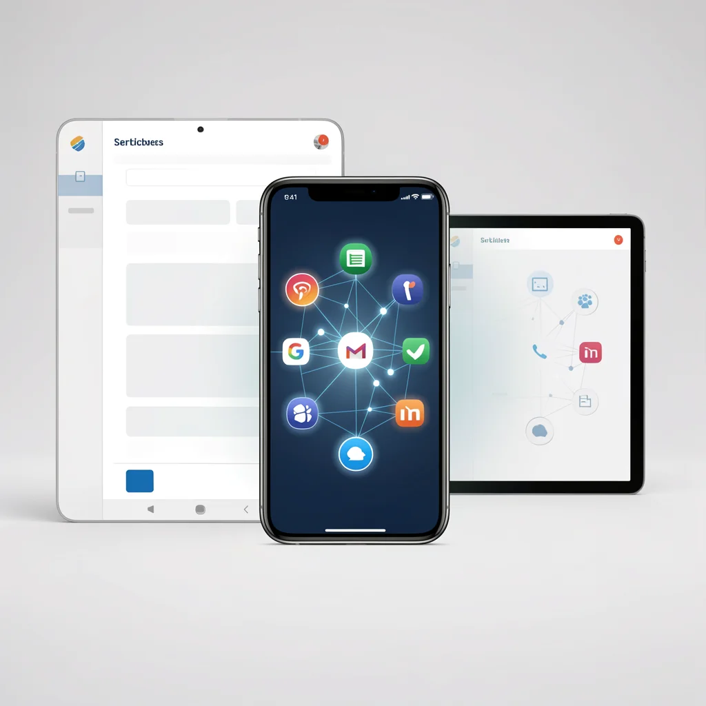 Mockup de tela de smartphone e tablet com nós de rede abstratos conectando ícones de aplicativos, simbolizando integração de ferramentas
