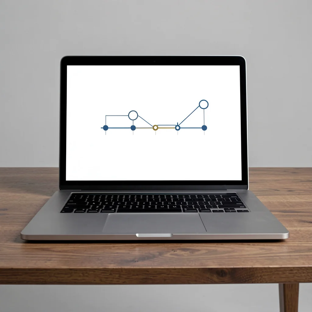Laptop elegante sobre mesa de madeira exibindo linha do tempo minimalista com marcos abstratos para implementação de ferramentas