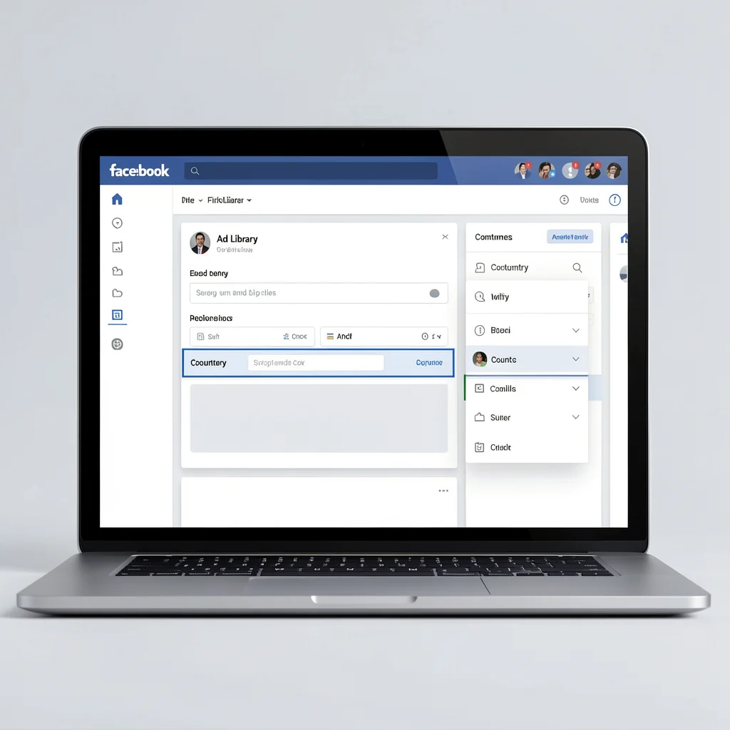 Captura de tela estilizada da Biblioteca de Anúncios do Facebook com filtro de país aberto em um notebook moderno