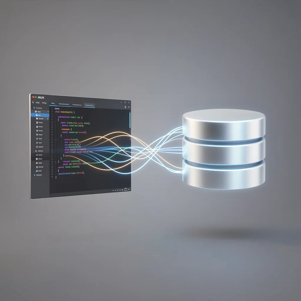 Ilustração abstrata de fluxo de dados de API com linhas luminosas conectando editor de código a banco de dados