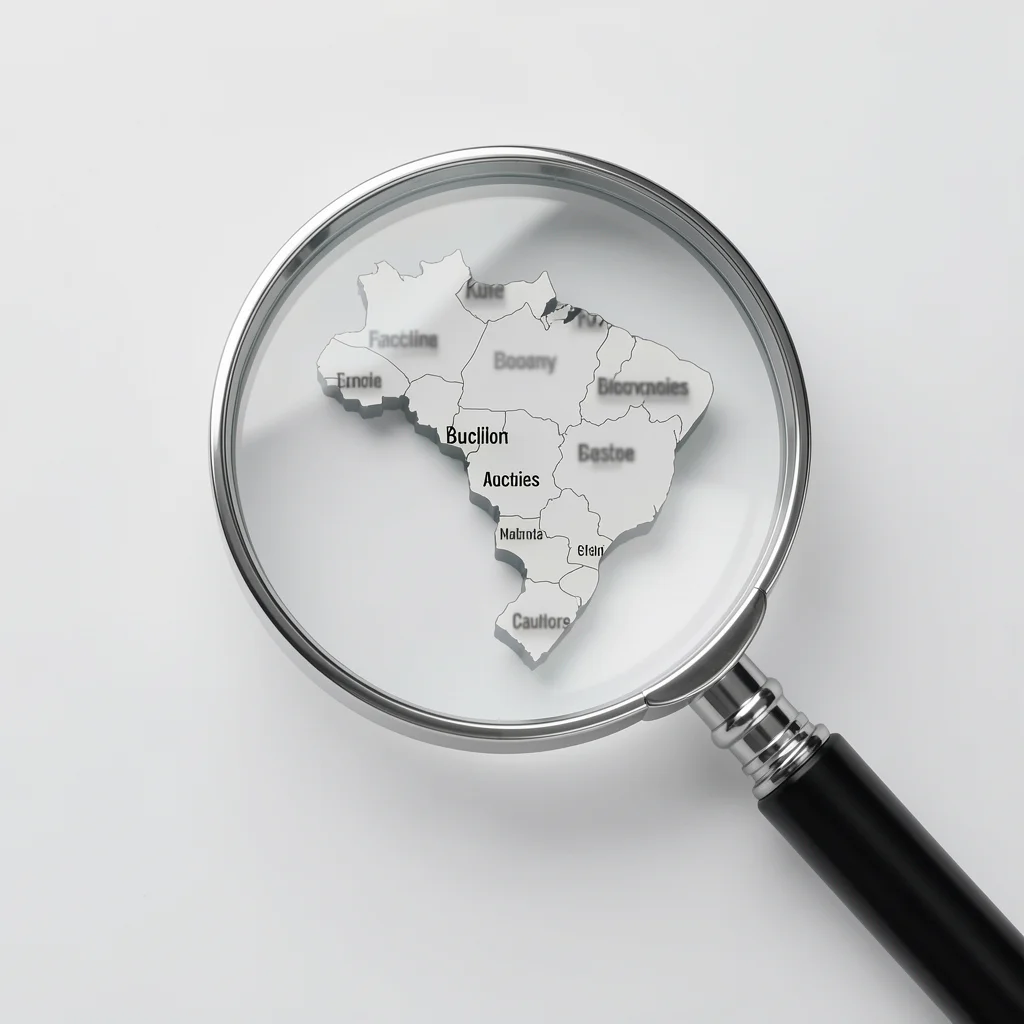 Lupa sobre mapa do Brasil com contorno do país destacado e nomes de cidades desfocados