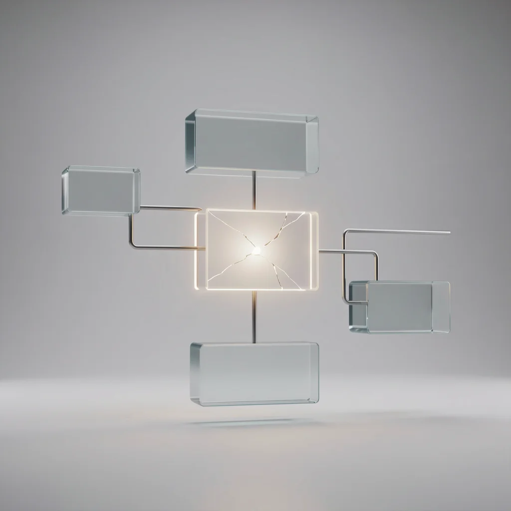 Metáfora visual de fluxograma com blocos de vidro e linhas metálicas, destacando um gargalo com luz ou rachadura.