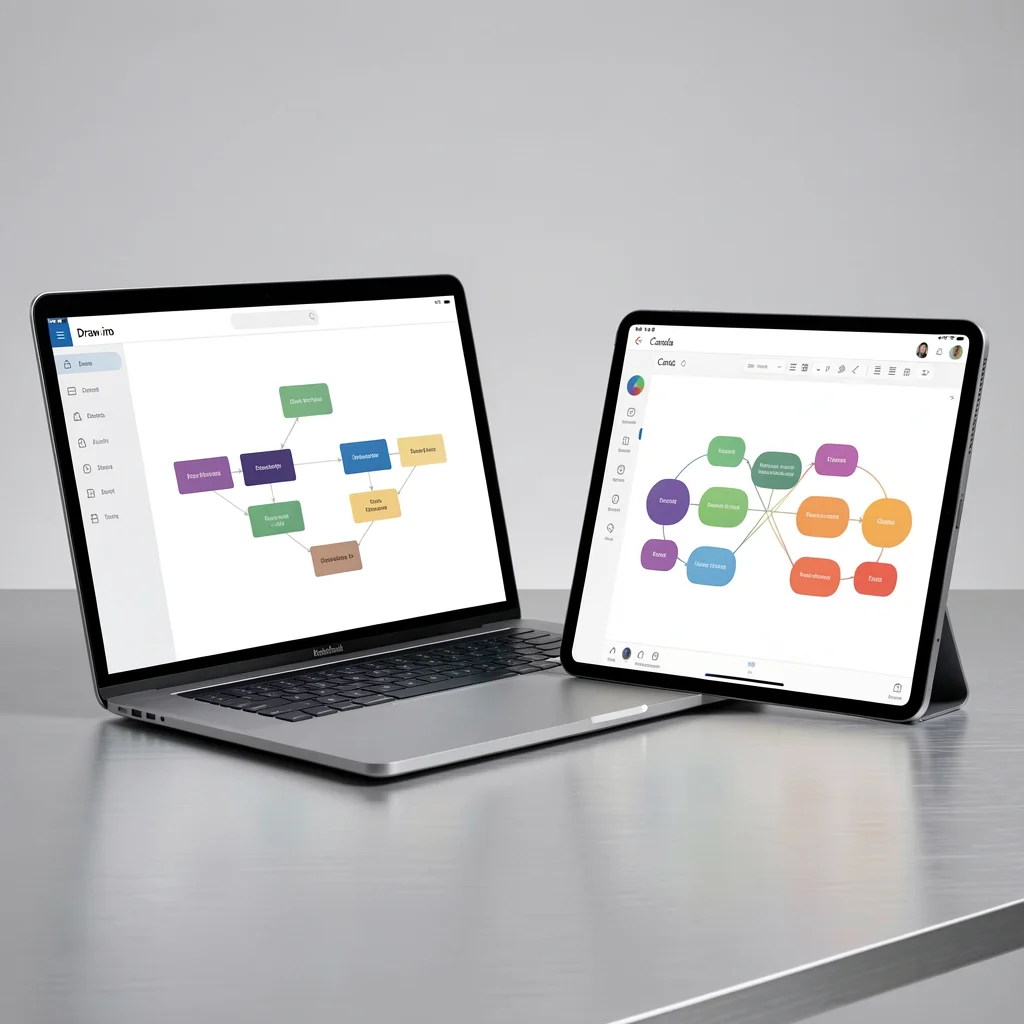 Comparação visual entre dois dispositivos: laptop com interface do Draw.io e tablet com design do Canva, ambos exibindo fluxogramas abstratos.