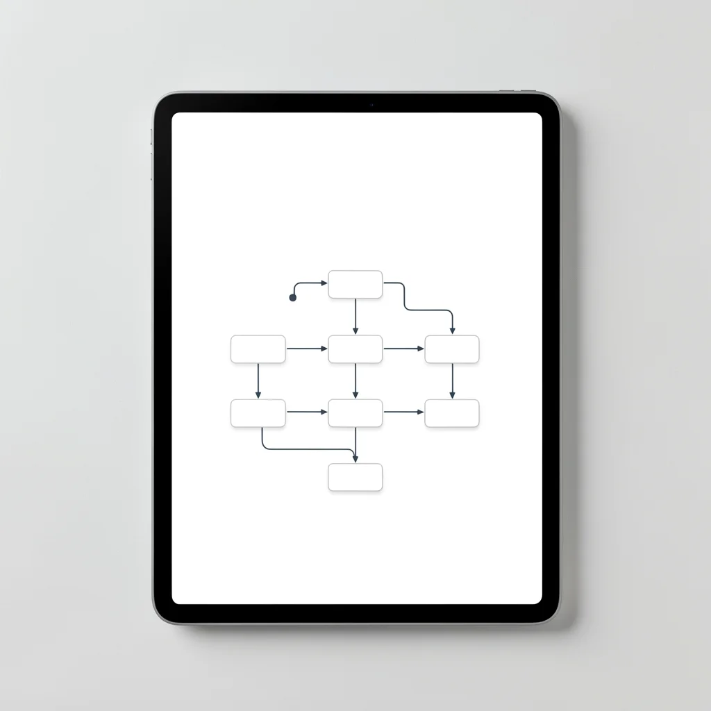 Interface de tablet exibindo um fluxograma minimalista com nós e linhas de conexão abstratos, sem texto