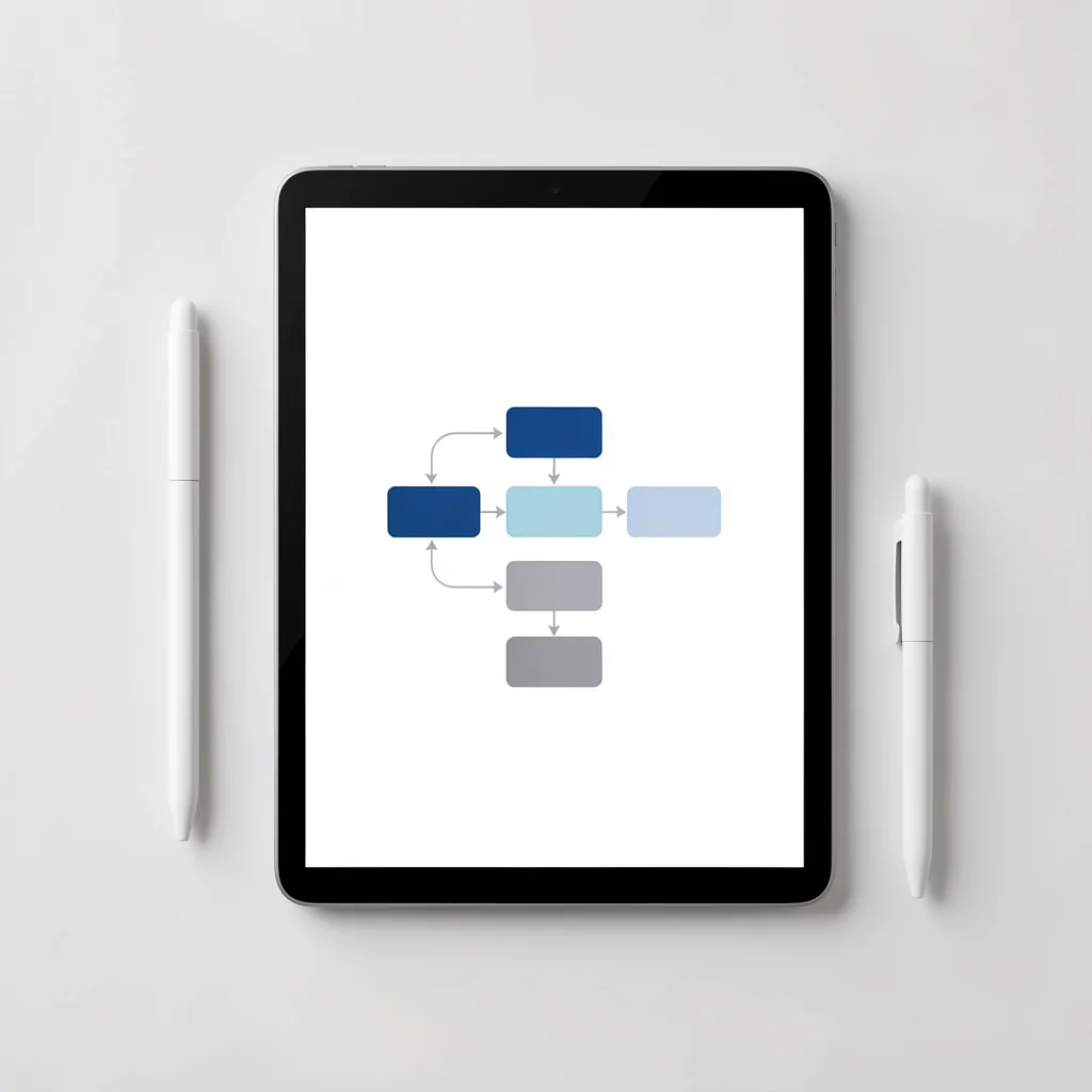 Mockup de tablet com fluxograma em construção e caneta stylus ao lado