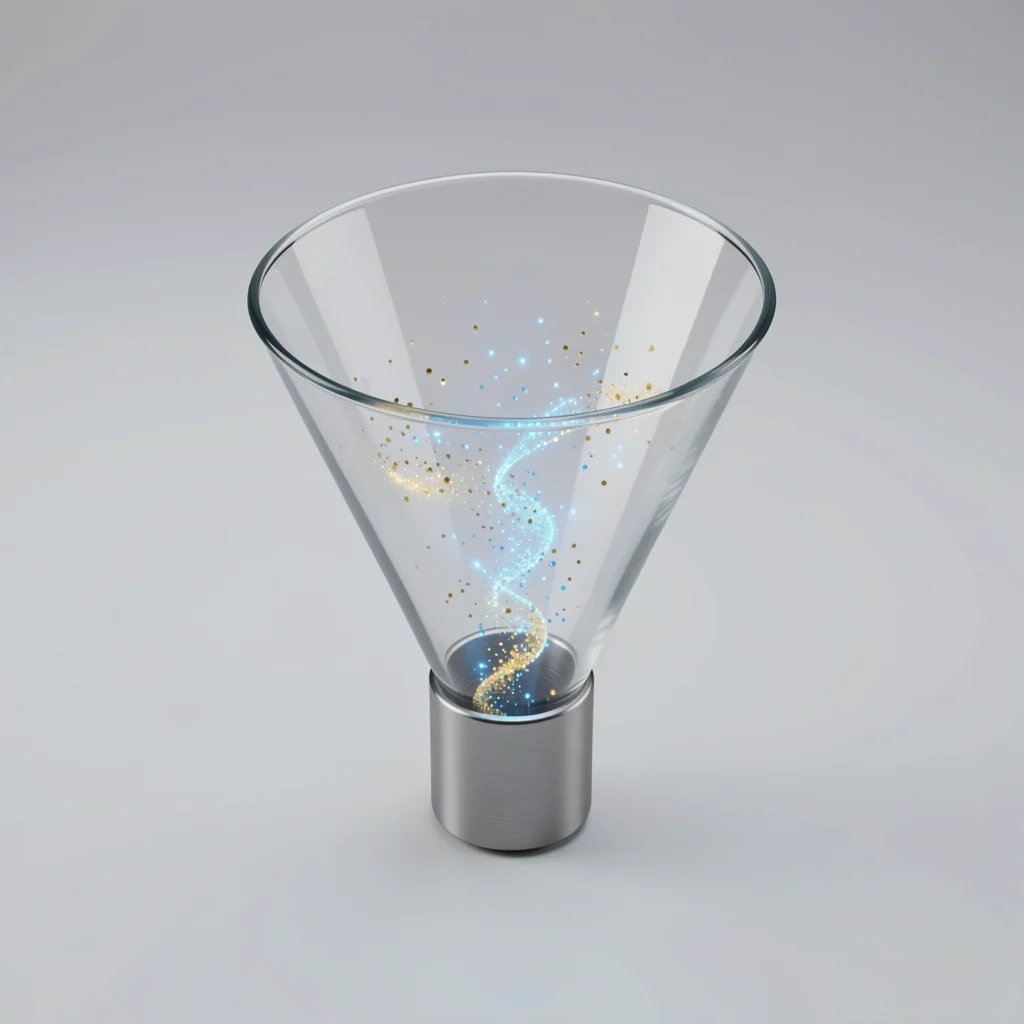 Funil de vendas tridimensional em vidro e metal com partículas luminosas representando a jornada do cliente