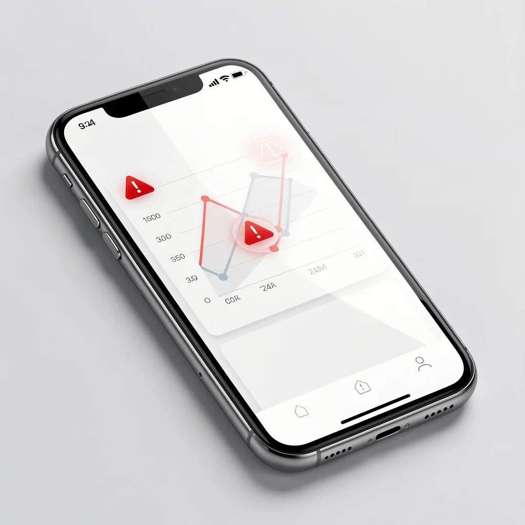 Dashboard de CRM em smartphone com ícones de alerta indicando erros comuns em funil de vendas