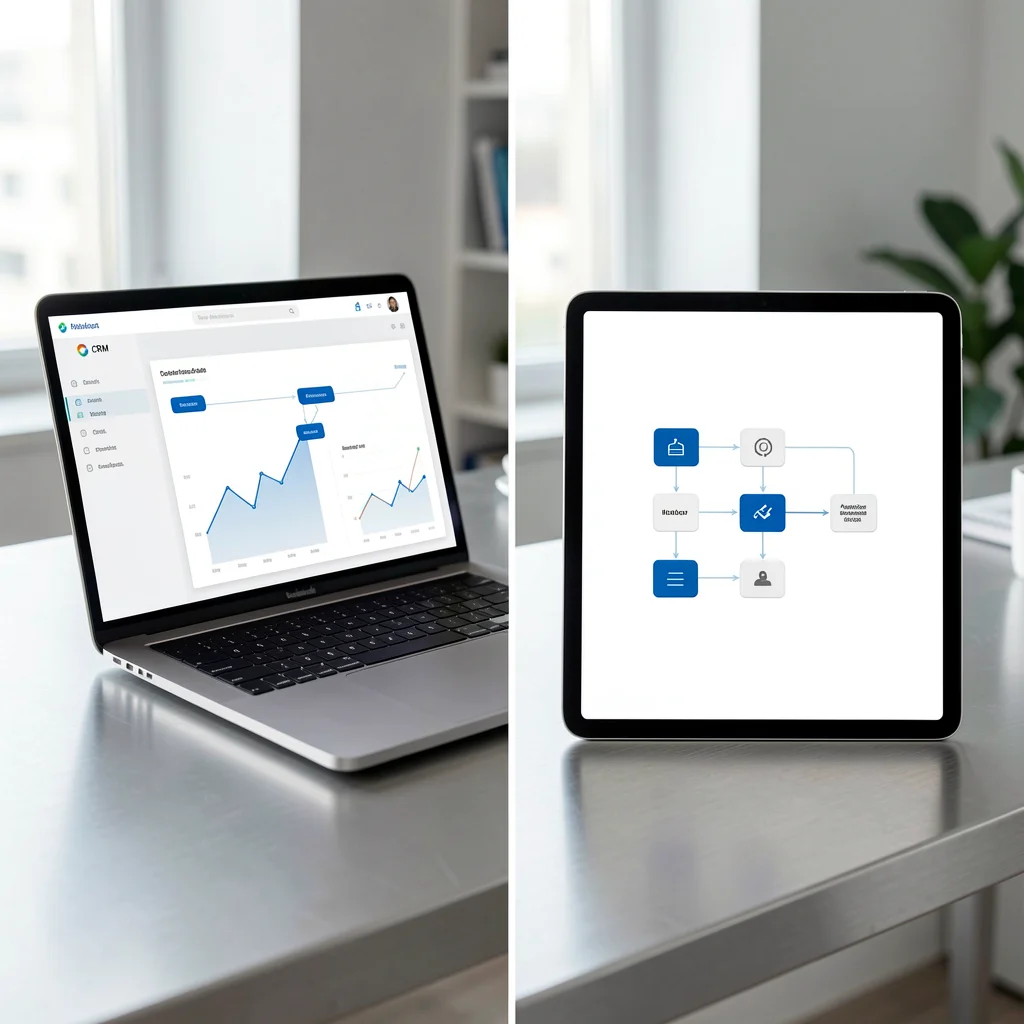 Comparação visual entre laptop com CRM e tablet com automação simples sobre mesa de alumínio