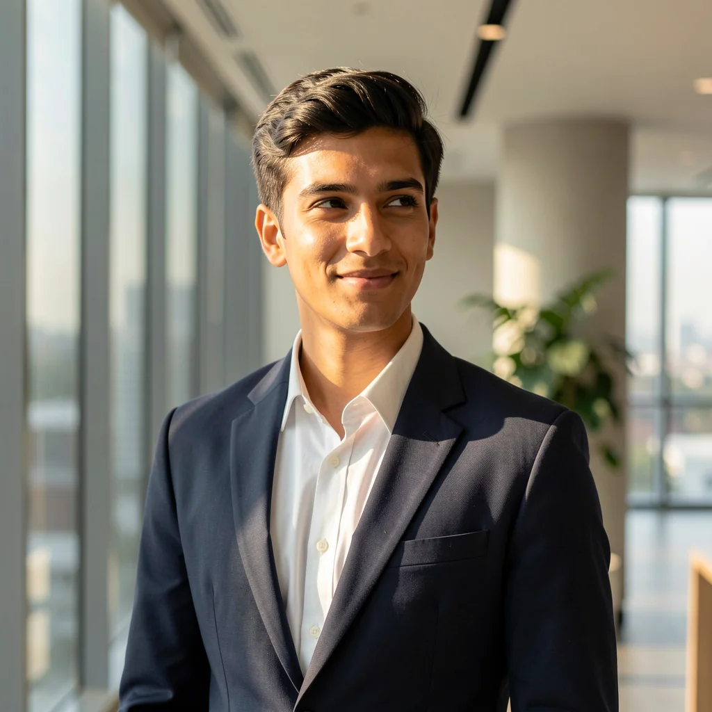 Profissional jovem e confiante em um escritório moderno e iluminado, representando crescimento e oportunidades financeiras.