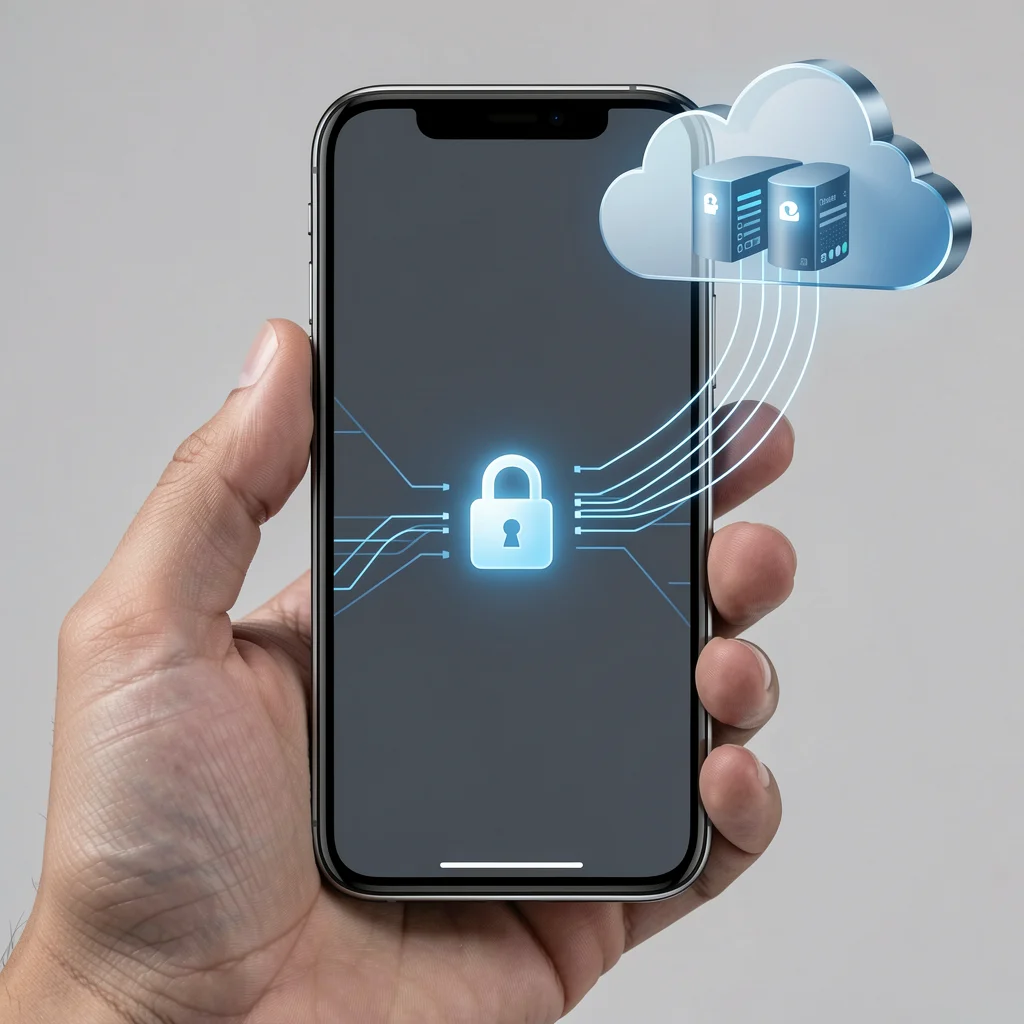 Smartphone com tela de pagamento seguro e ícone de cadeado, com linhas de fluxo conectando a servidores em nuvem